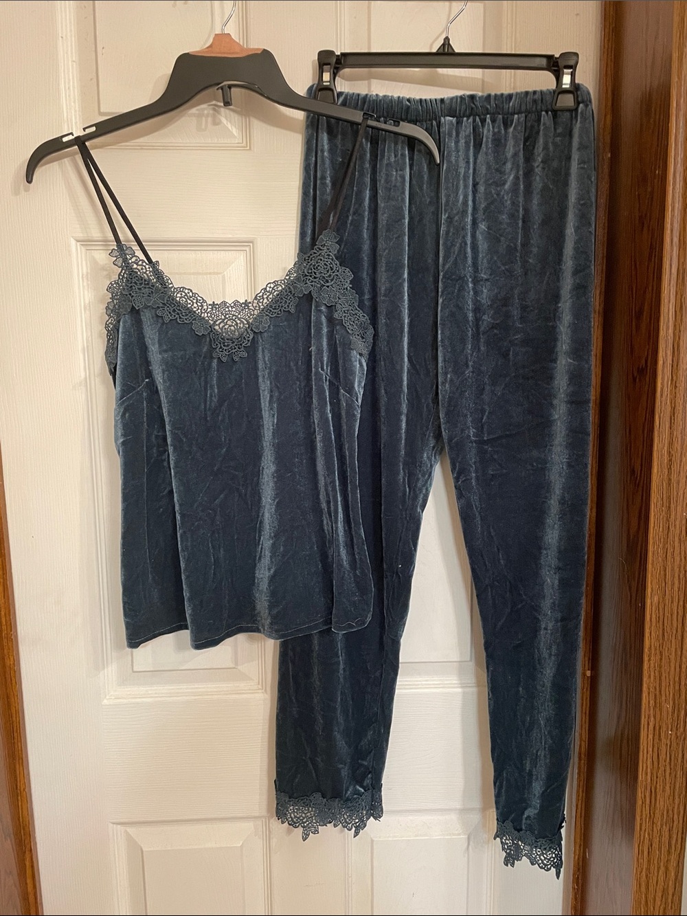 Source Unknown Velvet Lace-Trim Pajama Set - Slate Blue